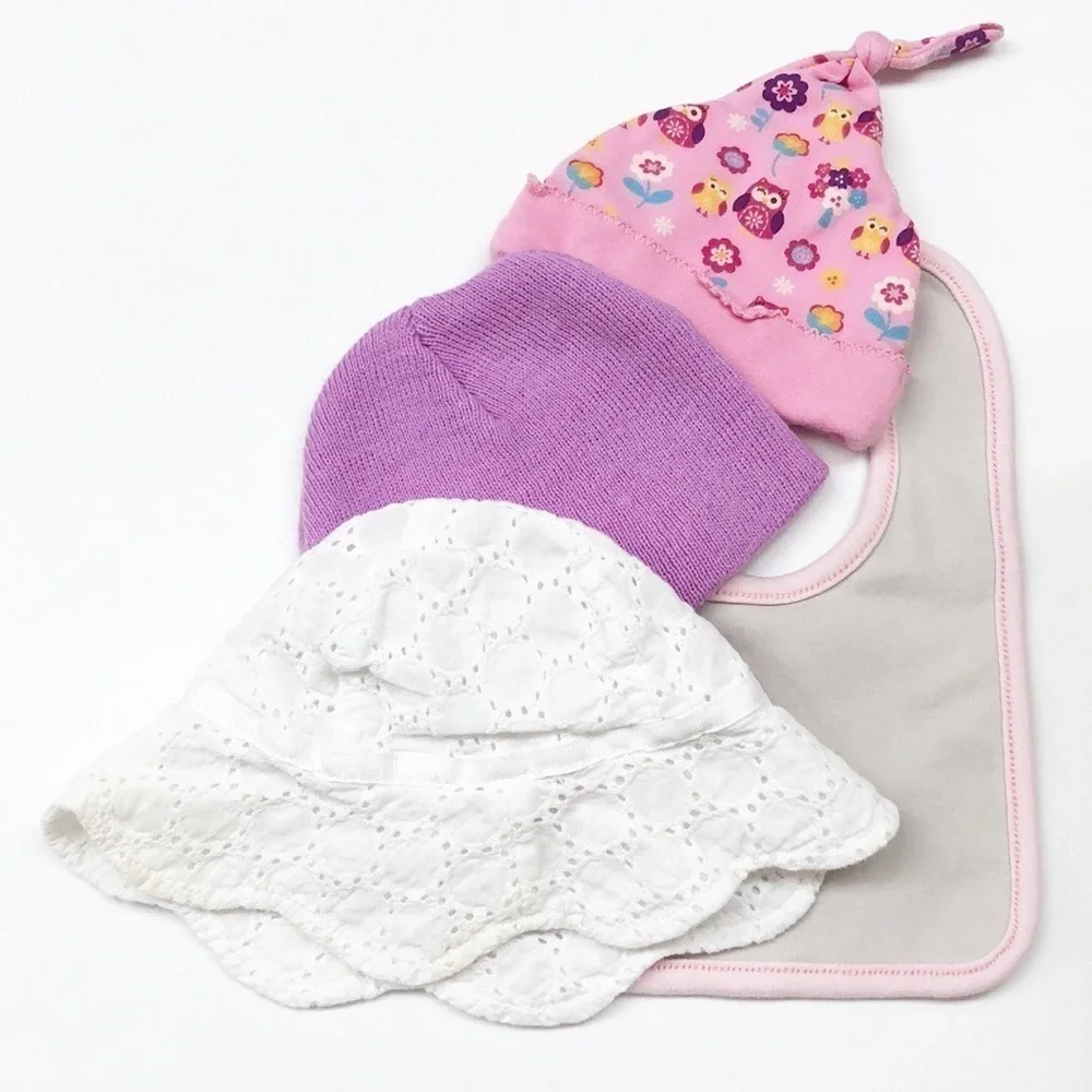 Baby girl sun hat, beanies & bib set
